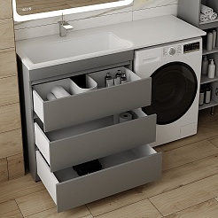 Style Line Тумба с раковиной под стиральную машину Даллас 140 L 3 ящика Люкс Plus серая – фотография-2